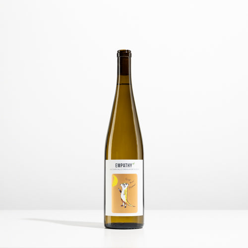 A bottle of 2021 Empathy Muscat Napa Valley on a light gray background